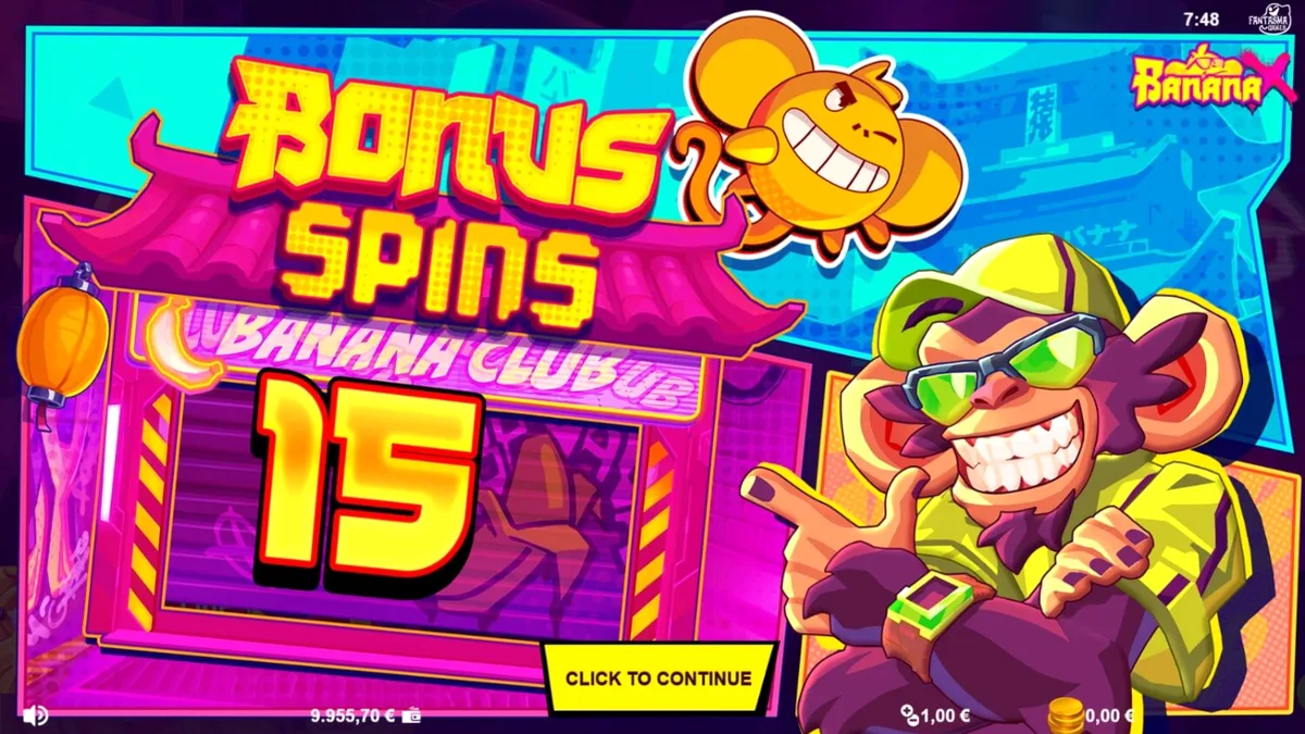 Tampilan visual neon dan karakter monyet influencer di slot Banana X
